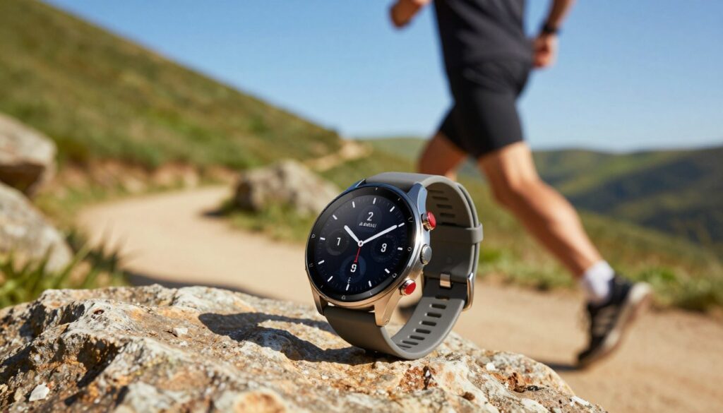 A Samsung Galaxy Watch Ultra prominently displayed in a dynamic outdoor setting, showcasing its rugged design and advanced functionality. In the foreground, the watch is perched on a textured rock, glimmering under bright, natural sunlight. In the middle ground, a blurred active individual in professional athletic wear is seen jogging along a scenic trail, emphasizing the watch's purpose for fitness enthusiasts. The background features a picturesque landscape of green hills and clear blue sky, creating an energetic and motivational atmosphere. Warm lighting highlights the watch's sleek metal finish and intricate details of the strap. The overall mood is vibrant and inspiring, suitable for an active lifestyle.