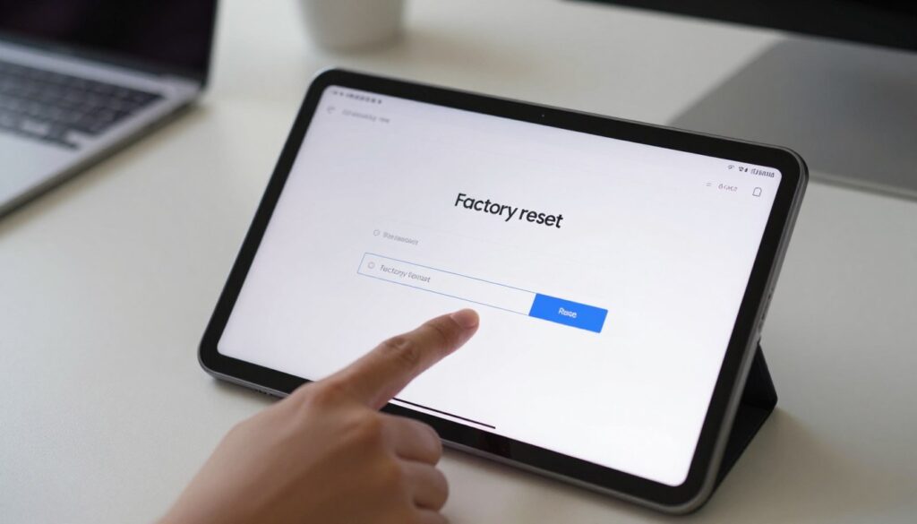 A Samsung tablet being reset to factory settings, displayed prominently in the foreground. The tablet's screen shows a detailed factory reset menu in a high-resolution interface. In the middle, a hand gently touches the screen, indicating user interaction. The background consists of a sleek, modern desk setup with a soft-focus effect, enhancing clarity on the tablet. Soft, natural lighting illuminates the scene, creating a calm and focused atmosphere. The angle captures a slight overhead view, emphasizing the tablet and its screen while providing context with minimal distractions in the setting. The overall mood is informative and serene, inviting the viewer to learn about the reset process. A Samsung tablet being reset to factory settings, displayed prominently in the foreground. The tablet's screen shows a detailed factory reset menu in a high-resolution interface. In the middle, a hand gently touches the screen, indicating user interaction. The background consists of a sleek, modern desk setup with a soft-focus effect, enhancing clarity on the tablet. Soft, natural lighting illuminates the scene, creating a calm and focused atmosphere. The angle captures a slight overhead view, emphasizing the tablet and its screen while providing context with minimal distractions in the setting. The overall mood is informative and serene, inviting the viewer to learn about the reset process.