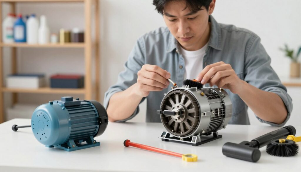 A clean, well-lit workspace featuring a disassembled vacuum cleaner motor. In the foreground, showcase key components like the motor, rotor, and housing, clearly detailing the cleaning process with brushes and tools. In the middle ground, display a worker in modest casual clothing carefully inspecting and cleaning the motor parts, emphasizing attention to detail. The background should include shelves with neatly organized cleaning supplies and tools, softly focused to avoid distraction from the main subjects. The lighting is bright yet soft, casting minimal shadows to highlight the intricate details of the components. The atmosphere is one of diligence and professionalism, inviting viewers into the meticulous task of cleaning vacuum cleaner motors. A clean, well-lit workspace featuring a disassembled vacuum cleaner motor. In the foreground, showcase key components like the motor, rotor, and housing, clearly detailing the cleaning process with brushes and tools. In the middle ground, display a worker in modest casual clothing carefully inspecting and cleaning the motor parts, emphasizing attention to detail. The background should include shelves with neatly organized cleaning supplies and tools, softly focused to avoid distraction from the main subjects. The lighting is bright yet soft, casting minimal shadows to highlight the intricate details of the components. The atmosphere is one of diligence and professionalism, inviting viewers into the meticulous task of cleaning vacuum cleaner motors.