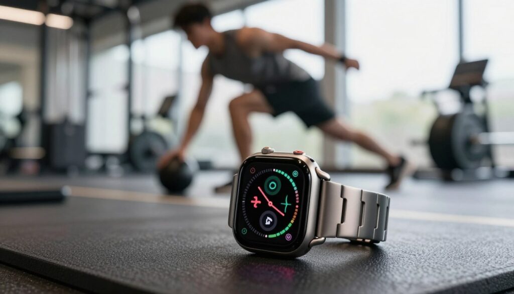 A close-up image of a men's smartwatch with a sleek metal bracelet, displaying dynamic fitness tracking features like heart rate monitor, step counter, and GPS. In the foreground, the watch is prominently placed on a textured gym mat, reflecting modern technology. The middle ground features a blurred silhouette of a man in professional athletic attire, engaging in a training activity, emphasizing the sporty nature of the smartwatch. The background showcases a softly lit gym environment with weights and exercise equipment, creating an atmosphere of fitness and purpose. The lighting should be bright but soft, highlighting the smartwatch's display and its advanced features, capturing a sense of motivation and functionality.