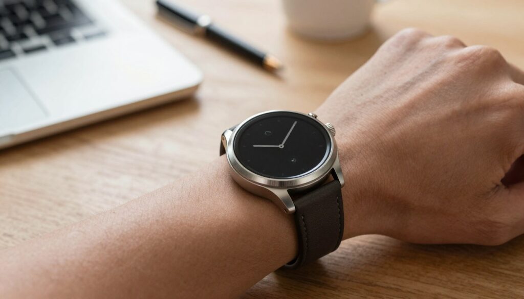 A close-up image of a stylish smartwatch on a male wrist, showcasing the watch face prominently with an elegant brushed metal casing and a sleek, dark leather strap. The wrist should be positioned comfortably, possibly resting on a wooden table, suggesting a relaxed yet sophisticated atmosphere. Soft, diffused natural light should highlight the texture of the watch and the skin, creating a warm and inviting ambiance. In the background, subtly blurred elements of a modern office setting—like a laptop and a sleek pen—should complement the theme of professionalism and functionality. The focus is on the size and design of the smartwatch, emphasizing its elegance and comfort on the male wrist, conveying a sense of style and practicality.
