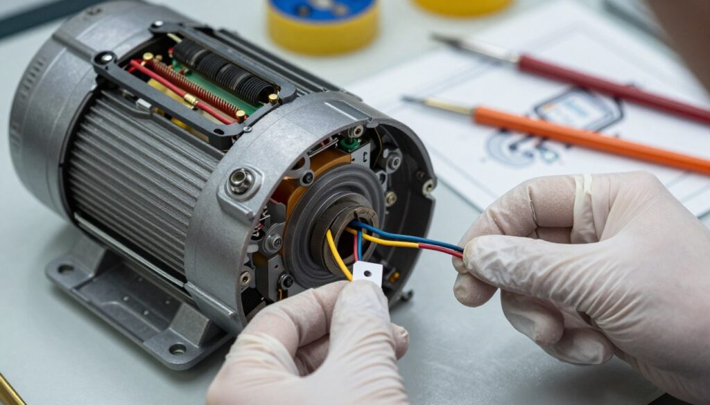 A close-up of an electric motor being disassembled, focusing on the careful detachment of colorful electrical wires. In the foreground, a pair of gloved hands delicately labels the wires with small tags, showcasing their original arrangement. The middle ground features the open motor case with visible components like brushes and circuits, illuminated by soft, ambient lighting to highlight intricate details. The background shows an organized workspace with tools and a technical diagram for reference, emphasizing a clean and methodical approach to appliance repair. The atmosphere is focused and professional, suggesting precision and attention to detail in the disassembly process. A close-up of an electric motor being disassembled, focusing on the careful detachment of colorful electrical wires. In the foreground, a pair of gloved hands delicately labels the wires with small tags, showcasing their original arrangement. The middle ground features the open motor case with visible components like brushes and circuits, illuminated by soft, ambient lighting to highlight intricate details. The background shows an organized workspace with tools and a technical diagram for reference, emphasizing a clean and methodical approach to appliance repair. The atmosphere is focused and professional, suggesting precision and attention to detail in the disassembly process.