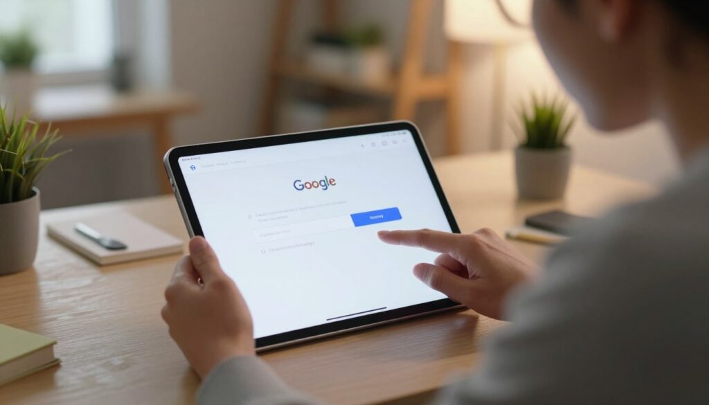 A close-up view of a modern Samsung tablet displaying the Google account recovery screen, set against a softly blurred background of a cozy home office with warm lighting. In the foreground, a professional individual dressed in smart casual clothing is thoughtfully interacting with the tablet, fingers poised over the touchscreen. The scene captures a sense of calm determination, with the soft glow of the tablet illuminating the person's face, enhancing the atmosphere of problem-solving. The background features a neatly organized desk with office supplies, a small plant, and a window allowing natural light to filter in, adding a feeling of openness and tranquility. A close-up view of a modern Samsung tablet displaying the Google account recovery screen, set against a softly blurred background of a cozy home office with warm lighting. In the foreground, a professional individual dressed in smart casual clothing is thoughtfully interacting with the tablet, fingers poised over the touchscreen. The scene captures a sense of calm determination, with the soft glow of the tablet illuminating the person's face, enhancing the atmosphere of problem-solving. The background features a neatly organized desk with office supplies, a small plant, and a window allowing natural light to filter in, adding a feeling of openness and tranquility.