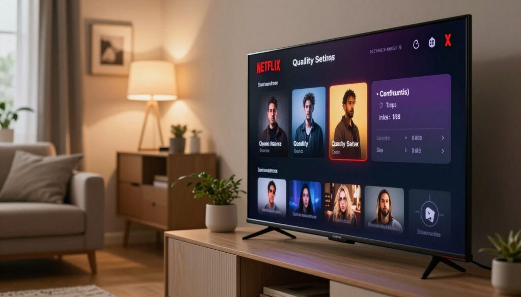A close-up view of a modern TV screen displaying the Netflix quality settings interface in a cozy living room setting. In the foreground, the TV screen shows a vibrant and user-friendly Netflix menu with various quality options highlighted. The middle layer features a stylish, contemporary media console and a comfortable couch, positioned at an inviting angle. The background includes soft, ambient lighting from table lamps, creating a warm and welcoming atmosphere. The room is adorned with decorative elements like plants and artwork, suggesting a relaxed viewing environment. The focus should be sharp on the TV screen while the background maintains a subtle bokeh effect, enhancing the mood of technology and comfort. A close-up view of a modern TV screen displaying the Netflix quality settings interface in a cozy living room setting. In the foreground, the TV screen shows a vibrant and user-friendly Netflix menu with various quality options highlighted. The middle layer features a stylish, contemporary media console and a comfortable couch, positioned at an inviting angle. The background includes soft, ambient lighting from table lamps, creating a warm and welcoming atmosphere. The room is adorned with decorative elements like plants and artwork, suggesting a relaxed viewing environment. The focus should be sharp on the TV screen while the background maintains a subtle bokeh effect, enhancing the mood of technology and comfort.