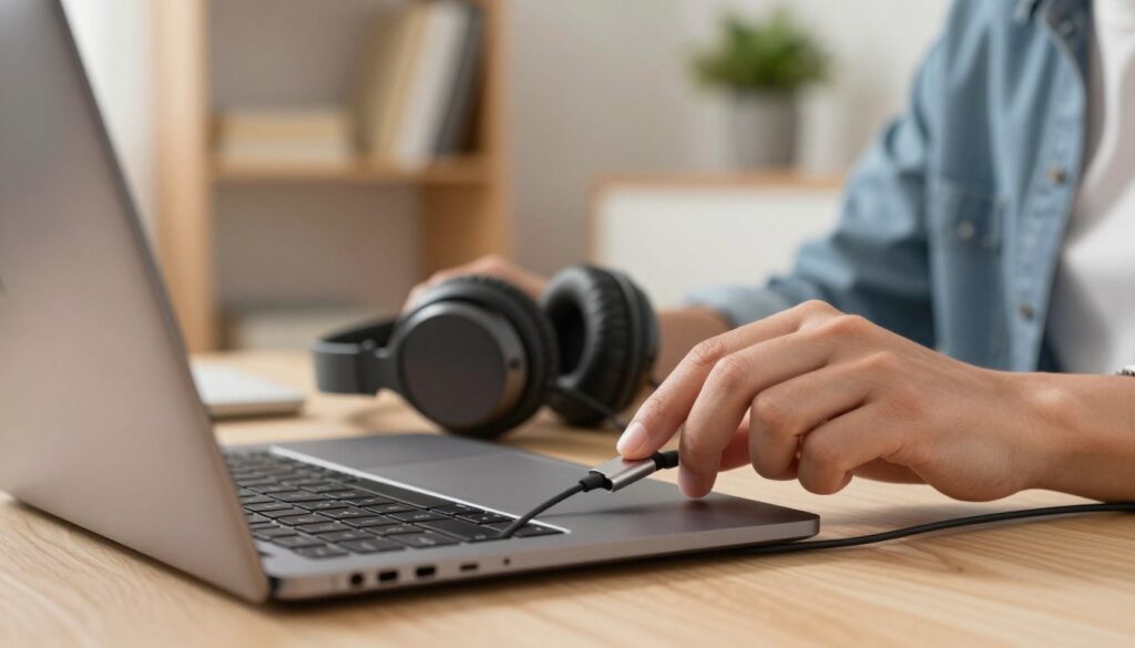 A close-up view of a person connecting wired headphones to a laptop. The foreground features the laptop with a visible headphone jack, where a hand, shown in a modest casual outfit, carefully plugs in the headphone connector. In the middle ground, the headphones are detailed, showcasing their design and color. The background includes a cozy and modern home office setting with soft lighting, highlighting shelves with books and a potted plant. The atmosphere is warm and inviting, suggesting a relaxed yet focused environment for work or leisure. The angle captures the action of plugging in, emphasizing the connection process without any distractions or overlays.