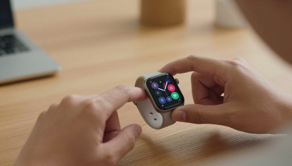 A close-up view of a sleek smartwatch on a wooden table, showcasing a user manually adjusting the time settings. The smartwatch has a modern design with a colorful touchscreen displaying various options. The foreground features a hand, wearing a simple, elegant watch, scrolling through the settings with a focused expression. In the middle, visual elements such as the smartwatch interface and its buttons are highlighted, showing an intuitive layout for setting the time. The background is blurred lightly, with soft warm lighting to create a cozy and inviting atmosphere, suggesting a calm and tech-savvy environment. The overall mood is instructional and accessible, emphasizing simplicity and user-friendliness. A close-up view of a sleek smartwatch on a wooden table, showcasing a user manually adjusting the time settings. The smartwatch has a modern design with a colorful touchscreen displaying various options. The foreground features a hand, wearing a simple, elegant watch, scrolling through the settings with a focused expression. In the middle, visual elements such as the smartwatch interface and its buttons are highlighted, showing an intuitive layout for setting the time. The background is blurred lightly, with soft warm lighting to create a cozy and inviting atmosphere, suggesting a calm and tech-savvy environment. The overall mood is instructional and accessible, emphasizing simplicity and user-friendliness.
