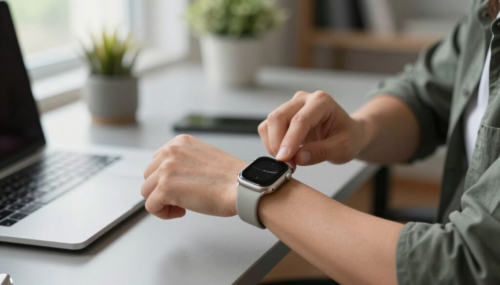 A close-up view of a smartwatch elegantly fitting on a person's wrist, highlighting the size and design of the watch face and its comfortable strap. The individual, dressed in smart casual attire, is sitting at a sleek desk, engaged in checking their smartwatch. In the background, a softly blurred workspace with modern decor enhances the focus on the watch. Natural light filters in through a nearby window, casting a gentle glow on the scene to create an inviting atmosphere. The angle captures both the smartwatch's features and its harmonious integration with the wearer's wrist, showcasing comfort and style. The overall mood is professional yet casual, emphasizing the importance of ergonomics and design in smartwatch selection. A close-up view of a smartwatch elegantly fitting on a person's wrist, highlighting the size and design of the watch face and its comfortable strap. The individual, dressed in smart casual attire, is sitting at a sleek desk, engaged in checking their smartwatch. In the background, a softly blurred workspace with modern decor enhances the focus on the watch. Natural light filters in through a nearby window, casting a gentle glow on the scene to create an inviting atmosphere. The angle captures both the smartwatch's features and its harmonious integration with the wearer's wrist, showcasing comfort and style. The overall mood is professional yet casual, emphasizing the importance of ergonomics and design in smartwatch selection.