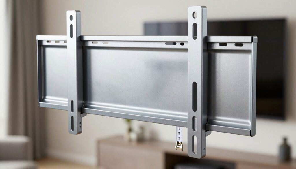 A close-up view of a steel TV mount, showcasing the material quality and thickness. In the foreground, highlight the robust steel arm, emphasizing its durability with intricate textural details and a slight reflection from a polished surface. The middle layer can feature a measuring tape beside the arm to indicate the thickness clearly, alongside hints of safety features such as locking mechanisms or reinforcement details. The background should softly blur into a modern living room setting, subtly suggesting a TV mounted on the wall. Use natural lighting to capture the reflections on the steel and cast gentle shadows, creating a professional and informative atmosphere that conveys reliability and strength. The composition should be clear and focused, devoid of any text or distractions.