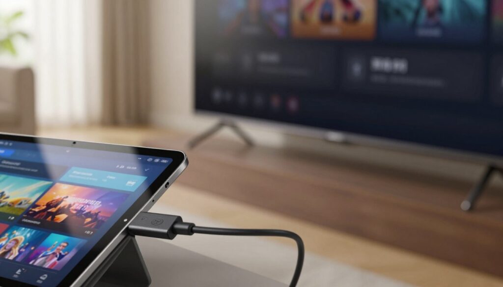 A close-up view of a tablet being connected to a modern television using an HDMI cable. In the foreground, the tablet's screen displays a vibrant image, reflecting content that could be streamed. The HDMI cable is prominently showcased, linking the tablet and the TV. In the middle ground, the sleek, flat-screen TV has a subtle glow, showcasing a compatible input menu. The background features a stylish, contemporary living room with soft natural lighting filtering through a nearby window, creating a warm atmosphere. The camera angle should be slightly tilted down to emphasize the connection process while maintaining clarity and focus on the devices. Ensure the scene feels inviting and tech-savvy, perfect for demonstrating a seamless connection.