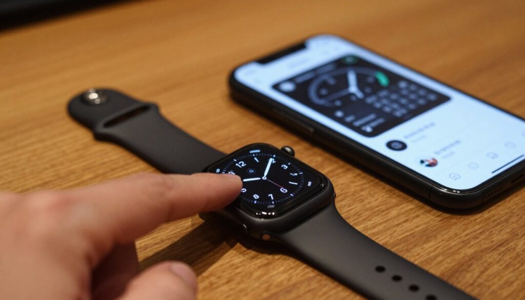 A close-up view of an Apple Watch with a sleek black strap, positioned on a stylish wooden table. The watch face displays the time being adjusted, with a finger gently tapping the screen, showcasing the user-friendly interface. In the background, slightly blurred, there is an iPhone displaying the Apple Watch app, emphasizing the connection between devices. The lighting is soft and warm, creating an inviting atmosphere, while a subtle bokeh effect adds depth to the scene. The overall mood conveys a sense of easy modern technology. The image should focus on the watch and phone interaction, highlighting the seamless process of setting the time. A close-up view of an Apple Watch with a sleek black strap, positioned on a stylish wooden table. The watch face displays the time being adjusted, with a finger gently tapping the screen, showcasing the user-friendly interface. In the background, slightly blurred, there is an iPhone displaying the Apple Watch app, emphasizing the connection between devices. The lighting is soft and warm, creating an inviting atmosphere, while a subtle bokeh effect adds depth to the scene. The overall mood conveys a sense of easy modern technology. The image should focus on the watch and phone interaction, highlighting the seamless process of setting the time.
