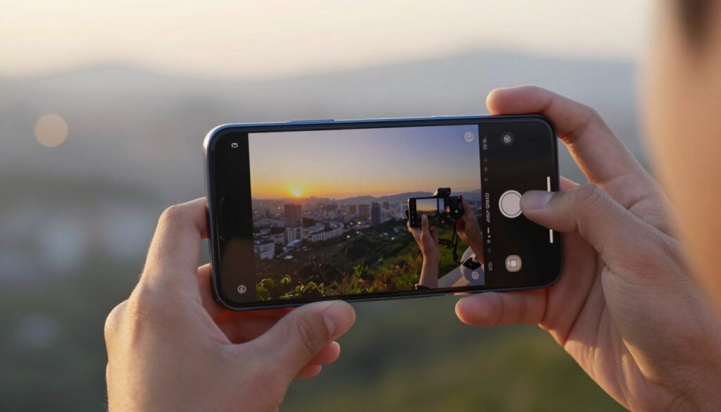 A compact Xiaomi smartphone designed for photography, held in a professional’s hand, displaying a stunning photo on its screen. The foreground features the sleek, modern design of the phone, showcasing its camera lens and vibrant display. In the middle ground, a blurred scenic backdrop, perhaps a cityscape or nature scene, hints at the phone’s photography capabilities, with soft bokeh effects creating depth. The lighting is warm and inviting, simulating golden hour with a soft glow that highlights the phone's features. The atmosphere conveys a sense of excitement about capturing special moments, ideal for influencers or photography enthusiasts. The angle captures the essence of usability and innovation, with no text or overlays.