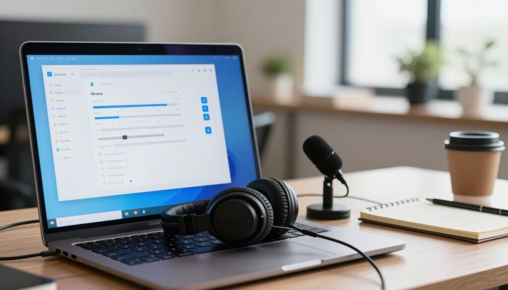 A computer desktop setting featuring the Windows sound and microphone settings interface. In the foreground, clearly visible are a pair of wired headphones plugged into the audio jack of a sleek laptop, alongside a small external microphone set up for recording. The screen displays the Windows sound settings menu, showing volume sliders and microphone options, illuminated by soft blue lighting reflecting off the screen. In the middle, a stylish office workspace with organized cables, a notepad, and a coffee cup adds an inviting atmosphere. The background includes a blurred view of modern office decor with natural light filtering through a window, creating a professional yet relaxed environment. The overall mood is focused and informative, ideal for a tech-related guide.