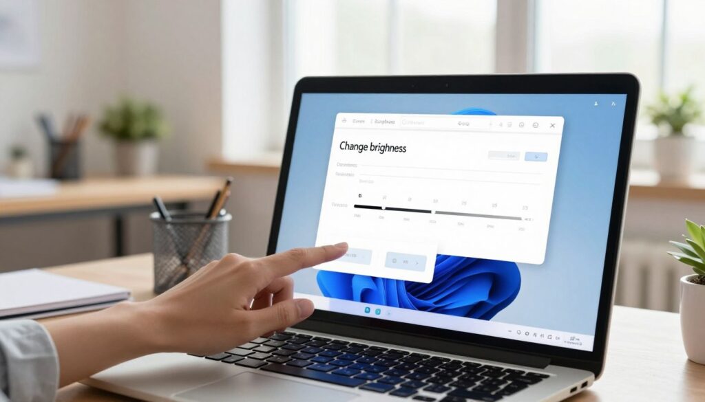A computer screen displaying the Windows brightness adjustment settings, located in a modern, well-lit home office. The foreground features the laptop with a bright screen showcasing vivid colors, highlighting the brightness slider and options like "Change brightness." In the middle, a hand gently interacts with the slider, showcasing a user-friendly interface. The background includes a stylish desk with a few office supplies and a plant for a touch of greenery, while large windows allow natural light to fill the room. The lighting is bright yet soft, creating a warm and inviting atmosphere. The overall mood is focused and productive, ideal for illustrating the concept of adjusting screen brightness in Windows. A computer screen displaying the Windows brightness adjustment settings, located in a modern, well-lit home office. The foreground features the laptop with a bright screen showcasing vivid colors, highlighting the brightness slider and options like "Change brightness." In the middle, a hand gently interacts with the slider, showcasing a user-friendly interface. The background includes a stylish desk with a few office supplies and a plant for a touch of greenery, while large windows allow natural light to fill the room. The lighting is bright yet soft, creating a warm and inviting atmosphere. The overall mood is focused and productive, ideal for illustrating the concept of adjusting screen brightness in Windows.