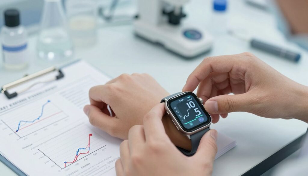 A concept illustration depicting the limitations of pressure measurement in smartwatches. In the foreground, a close-up of a smartwatch displaying fluctuating pressure readings, surrounded by medical charts and graphs representing inaccuracies. The middle ground features a hand gently adjusting the smartwatch on a wrist, showcasing typical user behavior. The background includes a faint depiction of a bustling medical research lab, hinting at ongoing studies about wearable technology. Natural, soft lighting enhances the clarity of the watch's screen, creating a professional and informative atmosphere. The angle captures both the watch and the surroundings to emphasize the intersection of technology and health monitoring, evoking a sense of curiosity and caution about the reliability of smartwatch pressure measurements.