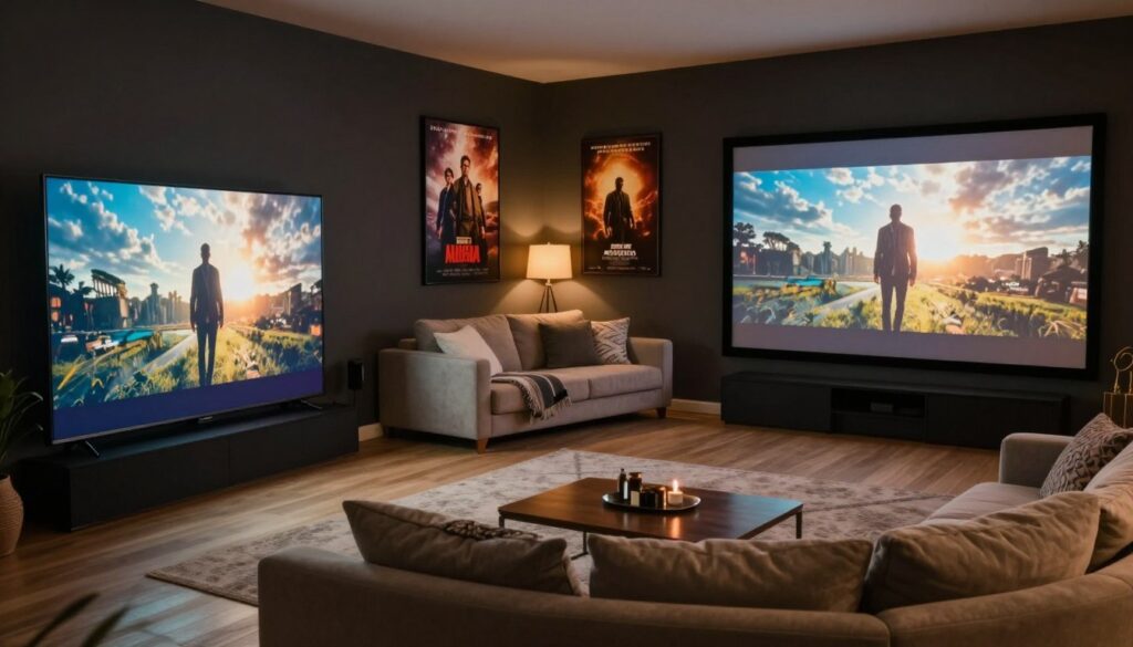 A cozy home theater setup showcasing the concept of screen size and viewing distance. In the foreground, a sleek modern TV, around 75 inches, is displayed prominently. The middle space features a comfortable sofa placed at an optimal distance of approximately 10 feet from the screen, with soft cushions and a decorative throw. The background consists of a subtly illuminated room with dark walls, a few tasteful movie posters on display, and ambient lighting that creates a warm atmosphere. The scene is captured from a slight above angle, emphasizing the scale and the viewer's experience. Soft diffused lighting enhances the cozy feel, inviting the viewer to imagine enjoying a film night at home. A cozy home theater setup showcasing the concept of screen size and viewing distance. In the foreground, a sleek modern TV, around 75 inches, is displayed prominently. The middle space features a comfortable sofa placed at an optimal distance of approximately 10 feet from the screen, with soft cushions and a decorative throw. The background consists of a subtly illuminated room with dark walls, a few tasteful movie posters on display, and ambient lighting that creates a warm atmosphere. The scene is captured from a slight above angle, emphasizing the scale and the viewer's experience. Soft diffused lighting enhances the cozy feel, inviting the viewer to imagine enjoying a film night at home.