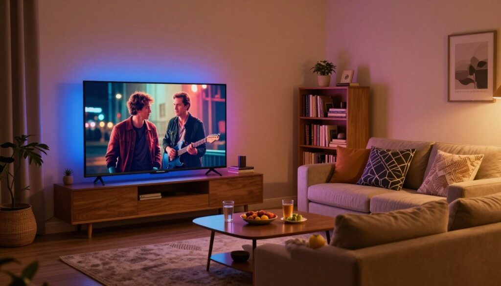 A cozy living room setting at night featuring a Philips Ambilight television. In the foreground, the TV displays a vivid movie scene, casting colorful ambient light onto the wall and surrounding furniture. Soft, warm lighting fills the room, creating an inviting atmosphere. The middle of the image includes a plush sofa adorned with decorative cushions, facing the television, with a sleek coffee table holding snacks and drinks. In the background, a bookshelf filled with books and a small plant adds character. The angle captures the glowing Ambilight effect, emphasizing its mood-enhancing capabilities for evening movie sessions. The overall vibe is relaxed and welcoming, perfect for family gatherings or movie nights.