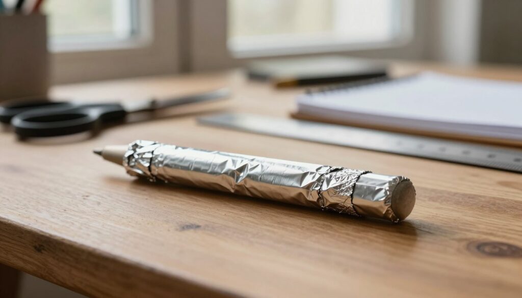 A creative DIY stylus made from aluminum foil, placed on a wooden table with art supplies scattered around. The stylus, shaped with a rounded tip and wrapped in shiny aluminum, reflects soft natural light coming from a nearby window. In the background, out of focus, there are household items like scissors, a ruler, and a notepad, evoking a cozy home workshop atmosphere. The foreground should have a close-up of the stylus, showcasing its intricate folds and texture. The color palette features warm shades of brown and silver, giving a welcoming and inventive feel to the scene. The overall mood is inspiring and resourceful, ideal for depicting home-made creativity.