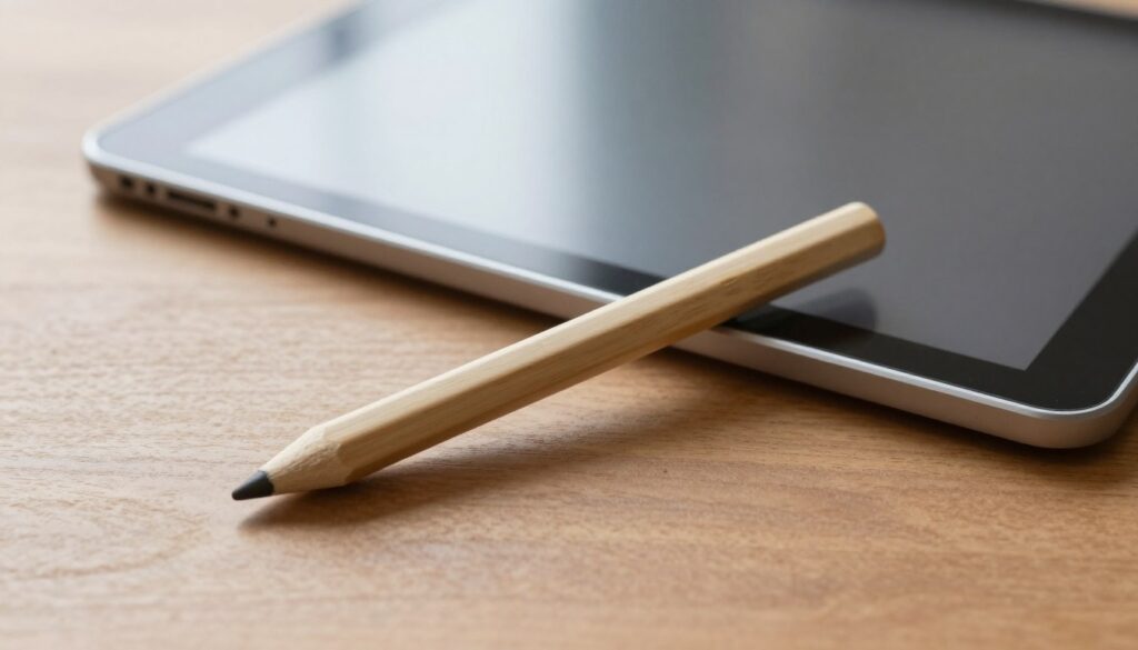 A creative and safe-to-use design of a homemade tablet stylus resting on a smooth wooden table surface, showcasing its essential features. The stylus, crafted from a common household material like a pencil or a bamboo skewer, has a soft, rounded tip designed to protect the tablet screen from scratches. In the foreground, the stylus is highlighted with soft, natural lighting, illuminating its texture and materials. The middle ground includes a tablet with a clear screen, demonstrating the stylus in action, with a simple, minimalist workspace background. The atmosphere is calm and inviting, suggesting practicality and innovation, perfect for users looking to protect their devices. Opt for a slightly angled top-down perspective to emphasize both the stylus and the tablet's screen.