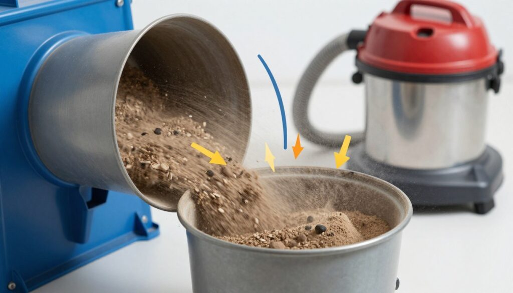 A detailed illustration of a cyclone separator in action, showcasing its internal mechanics. In the foreground, depict the cyclone with its conical shape, illustrating the swirling motion of dust and larger particles being drawn into the container. The middle ground should include arrows and visual cues indicating airflow direction, demonstrating the separation process. The background can feature a blurred vacuum cleaner to contextualize the device's application. Use bright, clear lighting to enhance visibility of the cyclone's features and ensure a clean, technical look. The atmosphere should be informative and engaging, with a focus on the efficient operation of the cyclone separator.