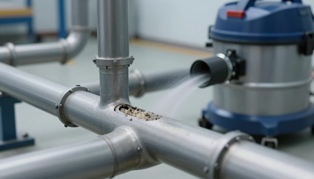 A detailed illustration of a vacuum separator pipe system, featuring a close-up view of various interconnected pipes and a separator unit. The foreground should depict the smooth curves and joints of the pipes, revealing the interior structure where dust and larger debris are separated. In the middle ground, show the vacuum cleaner's attachment point, clearly connecting to the separator, with visual emphasis on the flow of air and materials. The background should be a simple workshop setting, softly lit to create a professional atmosphere. Use a slight depth of field to focus on the pipe system while keeping the workshop details slightly blurred. The color palette should include metallic greys and deep blues, highlighting the engineering aspect of the setup.
