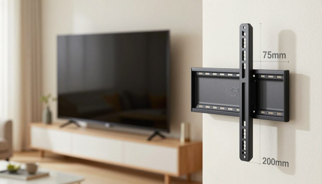 A detailed illustration of the standard VESA mounting pattern on a solid wall. In the foreground, display a close-up of a VESA mounting bracket with clearly defined holes for mounting TV screens, emphasizing the standard measurements (75mm, 100mm, 200mm) labeled subtly. In the middle ground, showcase a flat-screen television, demonstrating its rear with VESA compatibility, attached to the bracket on the wall. The background should be a softly blurred living room setting, providing context without distraction. Use warm, natural lighting to create a welcoming atmosphere, with a focal length that captures the depth of the installation. Overall, the mood should be informative and professional, allowing readers to visualize the technical specifications clearly.