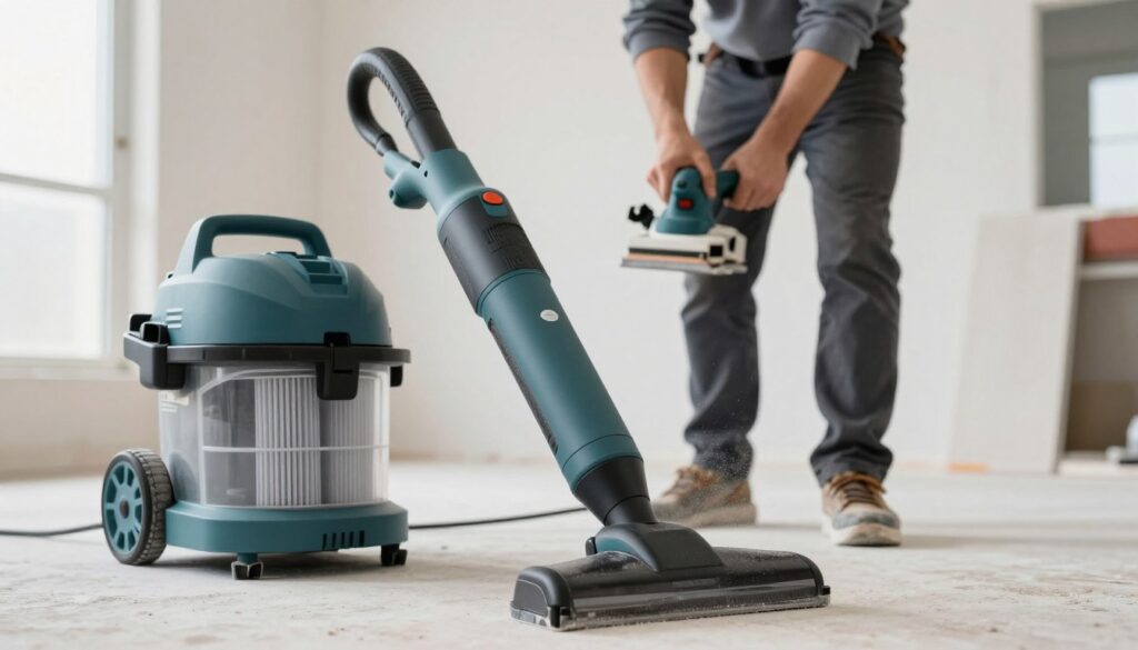 A detailed scene depicting the functionalities of a construction vacuum cleaner in action. Foreground features a high-quality, modern vacuum cleaner designed for drywall sanding, with detachable filters prominently displayed. In the middle, a professional worker, dressed in business casual attire, demonstrates the vacuum's operation while using a drywall sander. Their focus emphasizes comfort and efficiency, highlighting ergonomics in the design. The background includes a well-lit, clean construction environment with minimal dust, showcasing the vacuum's capability to handle fine particles. Soft natural lighting creates an inviting atmosphere, accentuating the vacuum's sleek design and functionality. The image captures a sense of productivity and professionalism, ideal for illustrating the advantages of using a construction vacuum.