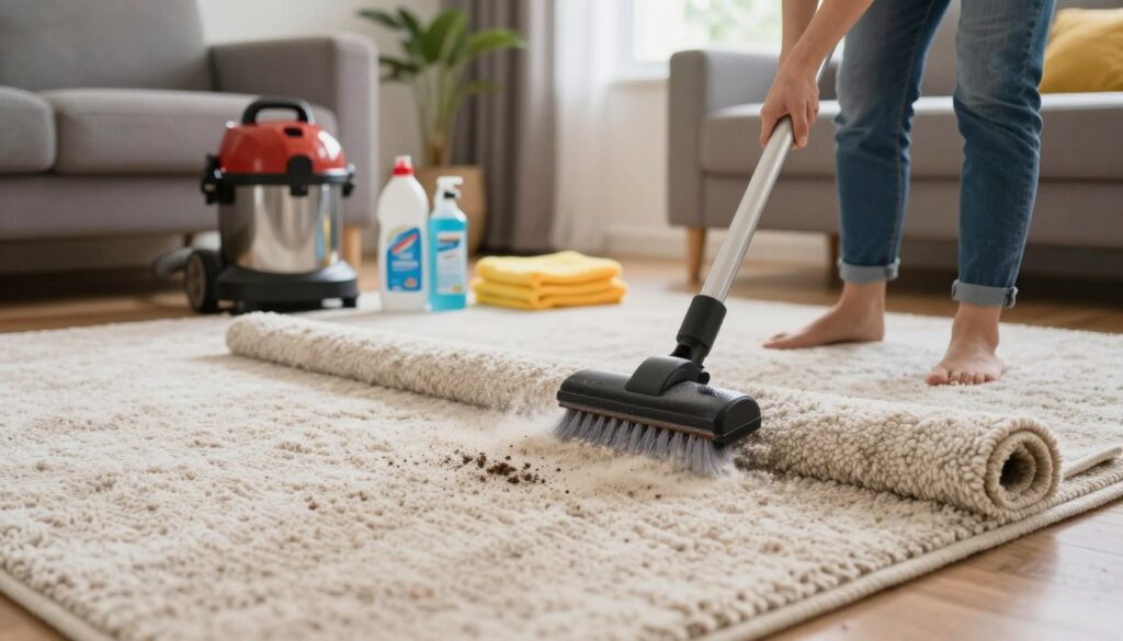 A detailed scene illustrating the preparation of a carpet for washing, focusing on a vibrant living room setting. In the foreground, a thick, textured carpet is being laid out, with a person in professional casual attire gently brushing or shaking it to remove dust and debris. The middle ground shows cleaning supplies neatly arranged, including a vacuum cleaner, a carpet stain remover, and bright towels. In the background, soft natural light enters through a window, illuminating the room and creating a warm, inviting atmosphere. The angle is slightly elevated to capture the entire process, emphasizing the care taken in preparing the carpet. The overall mood is practical and informative, with an emphasis on cleanliness and readiness for effective carpet washing. A detailed scene illustrating the preparation of a carpet for washing, focusing on a vibrant living room setting. In the foreground, a thick, textured carpet is being laid out, with a person in professional casual attire gently brushing or shaking it to remove dust and debris. The middle ground shows cleaning supplies neatly arranged, including a vacuum cleaner, a carpet stain remover, and bright towels. In the background, soft natural light enters through a window, illuminating the room and creating a warm, inviting atmosphere. The angle is slightly elevated to capture the entire process, emphasizing the care taken in preparing the carpet. The overall mood is practical and informative, with an emphasis on cleanliness and readiness for effective carpet washing.