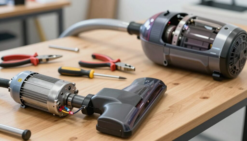 A detailed scene of a vacuum cleaner disassembled on a wooden workbench with various components scattered around. In the foreground, close-up focus on a vacuum motor with wires visible, showing an array of colored electrical connections for identification. In the middle, tools like pliers and screwdrivers are placed beside the motor, while a section of the vacuum's casing lies open, revealing internal parts. The background faintly shows a well-lit workshop environment, emphasizing a sense of order and professionalism. The lighting is bright and even, highlighting the details of the components. The overall mood is technical and instructional, suitable for a practical guide on vacuum motor diagnostics. No human figures present. A detailed scene of a vacuum cleaner disassembled on a wooden workbench with various components scattered around. In the foreground, close-up focus on a vacuum motor with wires visible, showing an array of colored electrical connections for identification. In the middle, tools like pliers and screwdrivers are placed beside the motor, while a section of the vacuum's casing lies open, revealing internal parts. The background faintly shows a well-lit workshop environment, emphasizing a sense of order and professionalism. The lighting is bright and even, highlighting the details of the components. The overall mood is technical and instructional, suitable for a practical guide on vacuum motor diagnostics. No human figures present.