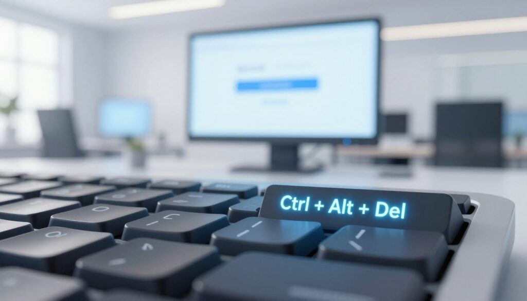A digital illustration of a computer keyboard focused on the "Ctrl + Alt + Del" shortcut keys prominently lit in the foreground. The keys should be highlighted with a subtle glow to emphasize their importance in shutting down a computer. In the middle ground, there is a blurred computer monitor displaying a simplified interface showing a shutdown prompt. The background features a softly lit, modern office environment with clean lines and minimalistic decor, giving a professional and serene atmosphere. The lighting should be bright and even, capturing a sleek and contemporary feel. The image conveys a sense of efficiency and organization, suitable for a tech-focused article. A digital illustration of a computer keyboard focused on the "Ctrl + Alt + Del" shortcut keys prominently lit in the foreground. The keys should be highlighted with a subtle glow to emphasize their importance in shutting down a computer. In the middle ground, there is a blurred computer monitor displaying a simplified interface showing a shutdown prompt. The background features a softly lit, modern office environment with clean lines and minimalistic decor, giving a professional and serene atmosphere. The lighting should be bright and even, capturing a sleek and contemporary feel. The image conveys a sense of efficiency and organization, suitable for a tech-focused article.