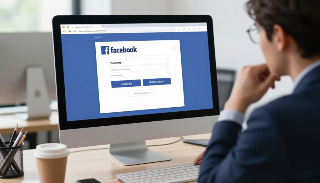A digital workspace setting featuring a computer screen displaying the Facebook login page with an emphasis on the "Deactivate" and "Delete Account" buttons. In the foreground, a person in business attire sits at a desk, looking thoughtfully at the screen, their expression conveying contemplation about the decision. The middle ground includes a cup of coffee and personal items scattered on the desk, suggesting a familiar and personal connection to the platform. The background softly features a well-organized office environment with natural lighting coming from a window, enhancing the mood of clarity and decision-making. The overall atmosphere is serious yet calm, perfect for the theme of account deactivation versus permanent deletion. A digital workspace setting featuring a computer screen displaying the Facebook login page with an emphasis on the "Deactivate" and "Delete Account" buttons. In the foreground, a person in business attire sits at a desk, looking thoughtfully at the screen, their expression conveying contemplation about the decision. The middle ground includes a cup of coffee and personal items scattered on the desk, suggesting a familiar and personal connection to the platform. The background softly features a well-organized office environment with natural lighting coming from a window, enhancing the mood of clarity and decision-making. The overall atmosphere is serious yet calm, perfect for the theme of account deactivation versus permanent deletion.