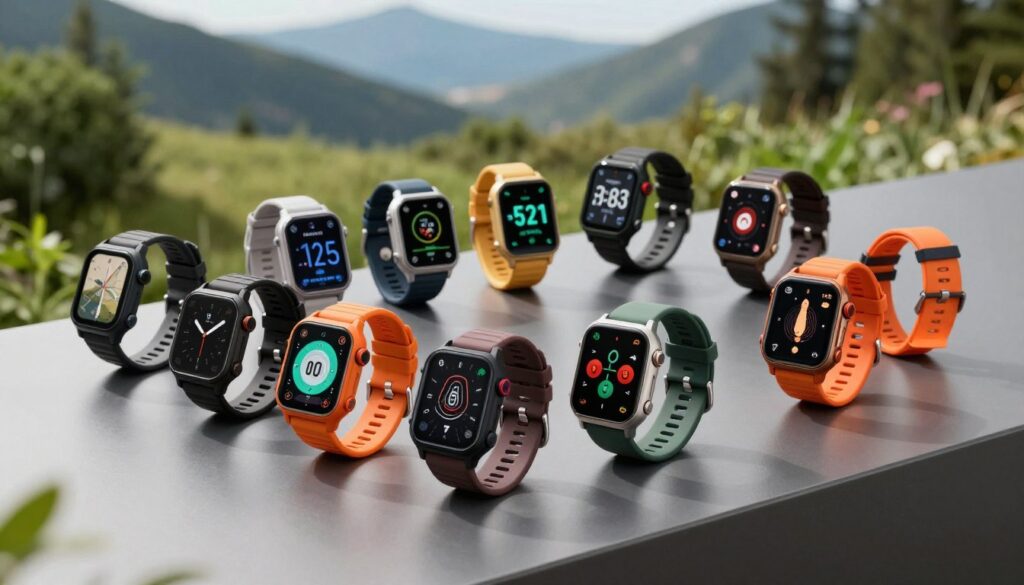 A dynamic arrangement of various outdoor and sports smartwatches displayed prominently on a sleek, modern surface. In the foreground, focus on a colorful assortment of wrist-worn devices featuring rugged designs, vibrant screens, and advanced tracking features. The middle section showcases diverse functionalities, with some watches displaying data like heart rate and GPS navigation. In the background, a serene outdoor setting with lush greenery and mountains creates an adventurous atmosphere. Soft, natural lighting highlights the smartwatches, enhancing their details and textures. The angle should provide a slight bird’s-eye view to emphasize the diversity of the products. The overall mood should evoke a sense of exploration and fitness, appealing to adventure and sports enthusiasts. A dynamic arrangement of various outdoor and sports smartwatches displayed prominently on a sleek, modern surface. In the foreground, focus on a colorful assortment of wrist-worn devices featuring rugged designs, vibrant screens, and advanced tracking features. The middle section showcases diverse functionalities, with some watches displaying data like heart rate and GPS navigation. In the background, a serene outdoor setting with lush greenery and mountains creates an adventurous atmosphere. Soft, natural lighting highlights the smartwatches, enhancing their details and textures. The angle should provide a slight bird’s-eye view to emphasize the diversity of the products. The overall mood should evoke a sense of exploration and fitness, appealing to adventure and sports enthusiasts.