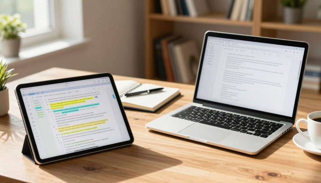 A dynamic workspace comparison featuring a sleek tablet and a modern laptop side by side on a wooden desk, illuminated by warm natural light streaming in through a nearby window. In the foreground, the tablet displays vibrant notes and study materials, while the laptop has a clutter-free screen showing a sleek document. The middle ground showcases neatly arranged stationery items like a notebook, pens, and a cup of coffee, maintaining a professional atmosphere. In the background, soft-focus bookshelves and plants enhance the study-like mood. The scene should convey a sense of productivity and balance, inviting the viewer to consider the benefits of each device in a study environment. No people should be present in the image. A dynamic workspace comparison featuring a sleek tablet and a modern laptop side by side on a wooden desk, illuminated by warm natural light streaming in through a nearby window. In the foreground, the tablet displays vibrant notes and study materials, while the laptop has a clutter-free screen showing a sleek document. The middle ground showcases neatly arranged stationery items like a notebook, pens, and a cup of coffee, maintaining a professional atmosphere. In the background, soft-focus bookshelves and plants enhance the study-like mood. The scene should convey a sense of productivity and balance, inviting the viewer to consider the benefits of each device in a study environment. No people should be present in the image.