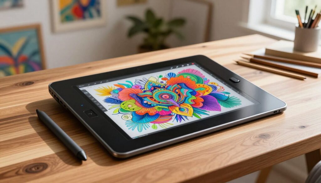 A high-tech digital drawing tablet with a sleek, vibrant screen, showcasing a colorful, intricate digital artwork in progress. The tablet is positioned on a stylish wooden desk, with a comfortable, ergonomic stylus resting beside it. In the background, a well-lit artist's studio is visible, adorned with inspiring artworks and creative tools. Soft, natural light streams in through a nearby window, casting gentle shadows across the scene. The focus is on the tablet screen, capturing the rich colors and fine details of the artwork, while the surroundings impart a warm, inviting atmosphere conducive to creativity. The angle is slightly elevated, providing a clear view of the tablet and its artistic capabilities, emphasizing the natural drawing experience it offers.