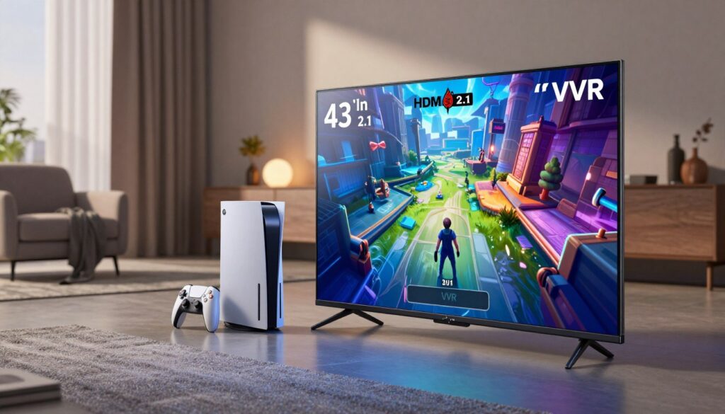 A modern 43-inch gaming television designed for ultimate gaming performance featuring HDMI 2.1 and VRR technology, showcased in a stylish living room environment. The foreground displays the sleek television screen glowing with vibrant game graphics, reflecting a high contrast between light and color. In the middle, a stylish gaming console sits neatly beside the television, with a pair of wireless controllers. In the background, soft ambient lighting highlights a cozy lounge area with contemporary furniture and decorative elements, creating a relaxed atmosphere. The scene captures the excitement and energy of gaming, focusing on cutting-edge technology and immersive design. The angles emphasize the television’s features, providing a clear view of its slim profile and elegant design. Soft, natural lighting enhances the modern feel.