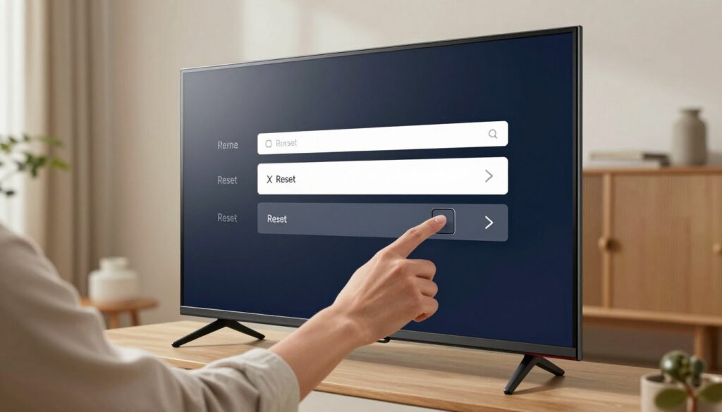 A modern LG television with a sleek design is prominently displayed in a well-lit living room setting. The TV's screen shows a simple menu interface, emphasizing the reset options, designed for clarity. In the foreground, a pair of human hands gently reaches towards the television's side buttons, symbolizing manual control without a remote. The hands are casually dressed, suggesting a relatable home environment. In the background, the room features cozy decor, with soft lighting that creates a warm and inviting atmosphere. The angle captures the television at eye level, focusing on the interaction, while soft shadows enhance the depth of the scene. The overall mood is focused and instructional, encapsulating the theme of resetting the TV without a remote. A modern LG television with a sleek design is prominently displayed in a well-lit living room setting. The TV's screen shows a simple menu interface, emphasizing the reset options, designed for clarity. In the foreground, a pair of human hands gently reaches towards the television's side buttons, symbolizing manual control without a remote. The hands are casually dressed, suggesting a relatable home environment. In the background, the room features cozy decor, with soft lighting that creates a warm and inviting atmosphere. The angle captures the television at eye level, focusing on the interaction, while soft shadows enhance the depth of the scene. The overall mood is focused and instructional, encapsulating the theme of resetting the TV without a remote.