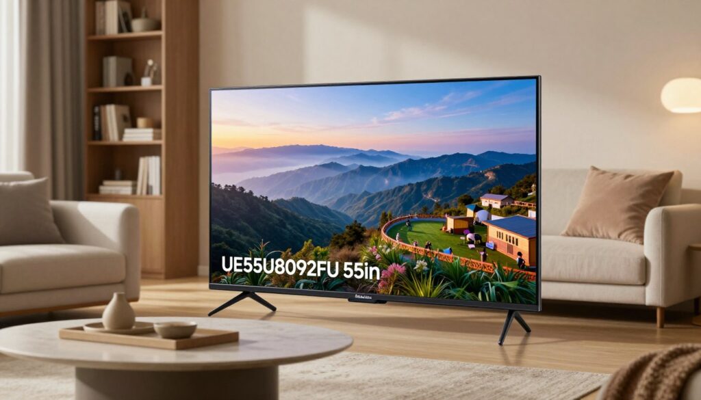 A modern Samsung UE55U8092FU 55-inch television prominently displayed in a stylish living room setting. In the foreground, the sleek design of the TV is highlighted, showing its ultra-thin bezels and vibrant display. The screen should feature a picturesque view, maybe a serene landscape or an exciting sports moment, showcasing its color depth. In the middle, a contemporary coffee table and plush sofa invite viewers into the space, with soft pillows and subtle decorative elements that convey comfort. The background features a stylish bookshelf and soft, ambient lighting from a lamp, creating a warm and welcoming atmosphere. The overall mood is modern and inviting, with a focus on the device’s quality and aesthetic appeal, captured in bright, natural lighting to enhance its features. A modern Samsung UE55U8092FU 55-inch television prominently displayed in a stylish living room setting. In the foreground, the sleek design of the TV is highlighted, showing its ultra-thin bezels and vibrant display. The screen should feature a picturesque view, maybe a serene landscape or an exciting sports moment, showcasing its color depth. In the middle, a contemporary coffee table and plush sofa invite viewers into the space, with soft pillows and subtle decorative elements that convey comfort. The background features a stylish bookshelf and soft, ambient lighting from a lamp, creating a warm and welcoming atmosphere. The overall mood is modern and inviting, with a focus on the device’s quality and aesthetic appeal, captured in bright, natural lighting to enhance its features.