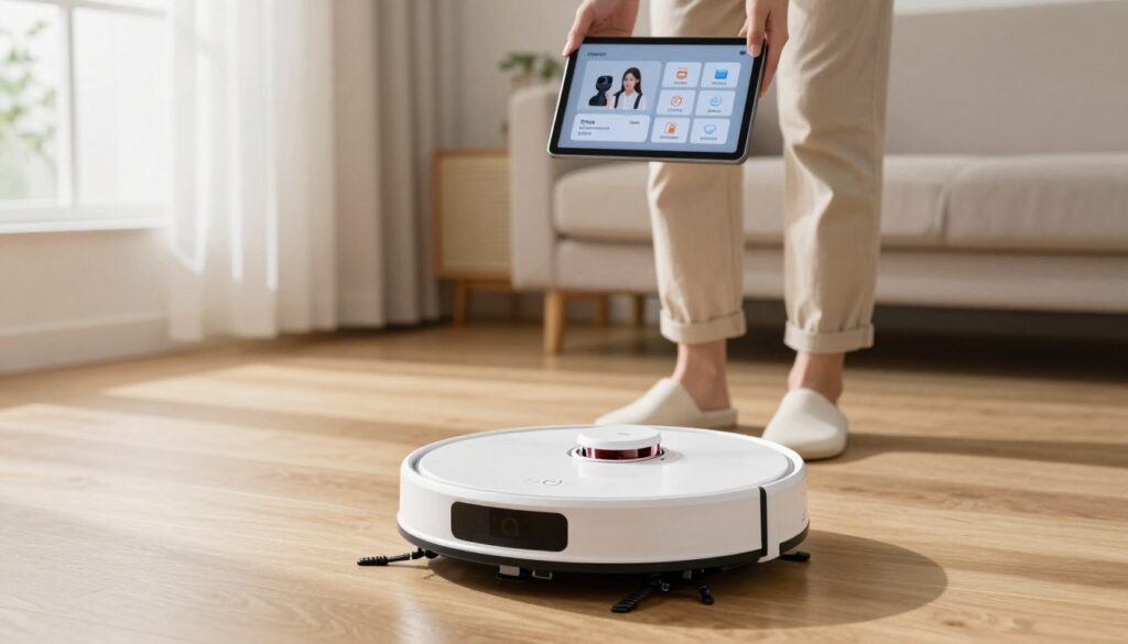 A modern Xiaomi Robot Vacuum in the foreground, positioned on a clean hardwood floor. The vacuum is sleek, with a white and black design, showcasing its on/off button prominently illuminated to indicate a reset process. In the middle ground, an individual dressed in casual, modest clothing follows a step-by-step visual guide on a tablet, demonstrating how to reset the device. Soft natural light filters in through a nearby window, creating a peaceful atmosphere. In the background, a tidy living room setting with minimalistic decor complements the focus on the vacuum and the reset process. The perspective is slightly angled, capturing both the vacuum and the user engaged in the task, with an emphasis on the device and user interaction. A modern Xiaomi Robot Vacuum in the foreground, positioned on a clean hardwood floor. The vacuum is sleek, with a white and black design, showcasing its on/off button prominently illuminated to indicate a reset process. In the middle ground, an individual dressed in casual, modest clothing follows a step-by-step visual guide on a tablet, demonstrating how to reset the device. Soft natural light filters in through a nearby window, creating a peaceful atmosphere. In the background, a tidy living room setting with minimalistic decor complements the focus on the vacuum and the reset process. The perspective is slightly angled, capturing both the vacuum and the user engaged in the task, with an emphasis on the device and user interaction.
