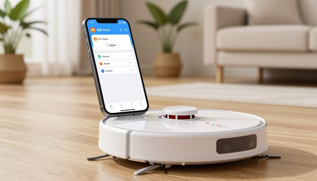 A modern Xiaomi robot vacuum positioned prominently in the foreground, showcasing its sleek and minimalist design with notable features such as the reset button highlighted. In the middle ground, a close-up view of a smartphone displaying the Xiaomi Home app, revealing options for Wi-Fi reset. The background features a stylish, well-lit living room with wooden flooring and some potted plants, enhancing the homey atmosphere. Ensure the lighting is bright and soft, giving an inviting feel. The composition should focus on conveying a sense of technology and convenience, with a slight depth of field blurring the background while keeping the vacuum and smartphone in sharp focus. A modern Xiaomi robot vacuum positioned prominently in the foreground, showcasing its sleek and minimalist design with notable features such as the reset button highlighted. In the middle ground, a close-up view of a smartphone displaying the Xiaomi Home app, revealing options for Wi-Fi reset. The background features a stylish, well-lit living room with wooden flooring and some potted plants, enhancing the homey atmosphere. Ensure the lighting is bright and soft, giving an inviting feel. The composition should focus on conveying a sense of technology and convenience, with a slight depth of field blurring the background while keeping the vacuum and smartphone in sharp focus.
