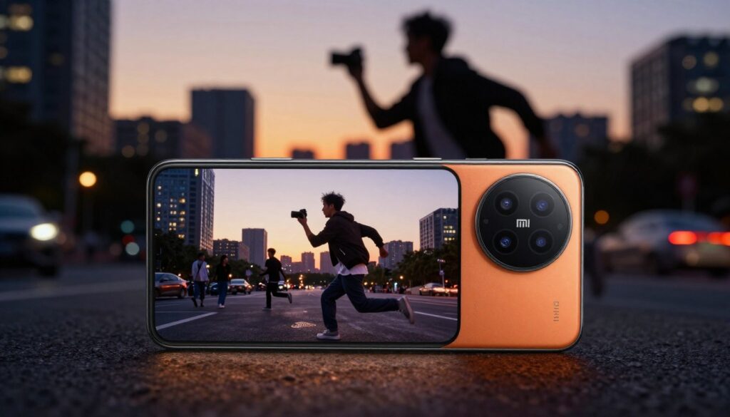 A modern Xiaomi smartphone designed for filming in motion and low light conditions, prominently featured in the foreground. The phone's sleek design, with a vibrant display and multiple camera lenses, is highlighted. In the middle, a dynamic scene showcases a person in casual attire capturing video footage while running through a bustling urban environment at dusk, with city lights beginning to glow. The background includes blurred silhouettes of city buildings and a subtle sunset, creating a vibrant yet moody atmosphere. The image conveys a sense of action and innovation, with warm lighting enhancing the smartphone's features and showcasing its capability for high-quality video recording in challenging conditions.