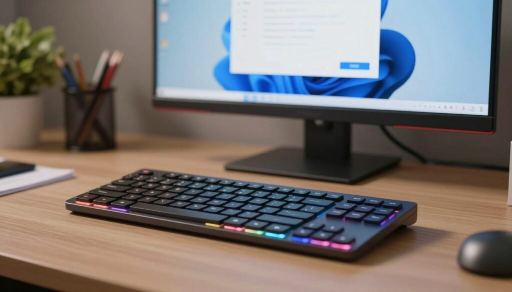 A modern desktop workspace featuring a keyboard with highlighted key combinations that are commonly used to shutdown a computer in Windows. In the foreground, a close-up of a sleek, stylish keyboard with colorful keycaps showing the specific shortcut keys. The middle ground displays a computer monitor with a blurred screenshot of the Windows shutdown menu. The background consists of a well-organized office desk with subtle lighting, creating a warm, inviting atmosphere. Soft shadows emphasize the keyboard and screen while the overall color palette is calming and professional. The image should capture the essence of productivity and technology, focused on the concept of creating a custom keyboard shortcut for shutting down a computer. A modern desktop workspace featuring a keyboard with highlighted key combinations that are commonly used to shutdown a computer in Windows. In the foreground, a close-up of a sleek, stylish keyboard with colorful keycaps showing the specific shortcut keys. The middle ground displays a computer monitor with a blurred screenshot of the Windows shutdown menu. The background consists of a well-organized office desk with subtle lighting, creating a warm, inviting atmosphere. Soft shadows emphasize the keyboard and screen while the overall color palette is calming and professional. The image should capture the essence of productivity and technology, focused on the concept of creating a custom keyboard shortcut for shutting down a computer.