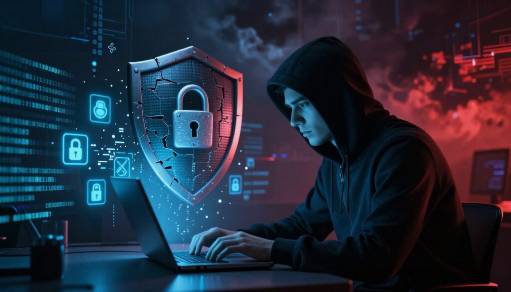 A modern digital landscape representing user data threats, with a focus on cybersecurity risks. In the foreground, a stylized hacker silhouette is typing furiously on a laptop surrounded by a glowing array of binary code and floating security icons, symbolizing danger. In the middle ground, depict a disintegrating shield, visually representing compromised data security. In the background, an ominous dark cloud with digital patterns looms, suggesting pervasive cyber threats. Use dramatic, contrasting lighting to convey tension, with blue and red hues emphasizing the danger of attacks. The overall atmosphere should be urgent and foreboding, illustrating the critical nature of protecting user data from hackers. A modern digital landscape representing user data threats, with a focus on cybersecurity risks. In the foreground, a stylized hacker silhouette is typing furiously on a laptop surrounded by a glowing array of binary code and floating security icons, symbolizing danger. In the middle ground, depict a disintegrating shield, visually representing compromised data security. In the background, an ominous dark cloud with digital patterns looms, suggesting pervasive cyber threats. Use dramatic, contrasting lighting to convey tension, with blue and red hues emphasizing the danger of attacks. The overall atmosphere should be urgent and foreboding, illustrating the critical nature of protecting user data from hackers.