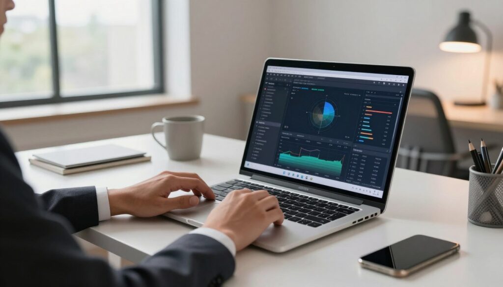 A modern laptop designed for demanding work sits prominently on a sleek, organized desk in a well-lit home office. The laptop's screen displays complex data and charts, illustrating its high performance. In the foreground, a pair of professional business attire-clad hands are poised over the keyboard, indicating active engagement in work. The middle of the scene features a stylish, ergonomic chair and minimalistic decor, enhancing productivity. The background showcases a large window, allowing natural light to pour in, complemented by soft, ambient lighting from desk lamps. This setup evokes an atmosphere of focus and efficiency, highlighting the laptop's capabilities for work, study, and entertainment.