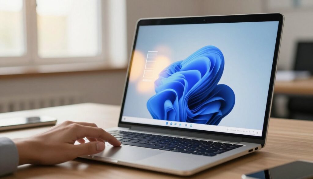 A modern laptop with a sleek design, its screen displaying an interface for automatic brightness adjustment in Windows. In the foreground, a hand gently touches the laptop's touchpad, symbolizing user interaction. The middle ground shows the laptop screen illuminated with a dynamic brightness adjustment bar, reflecting different lighting conditions, blending soft blue and warm yellow hues. The background features a cozy office setting with natural light filtering through a window, creating a harmonious balance between artificial and natural illumination. The atmosphere is professional and focused, emphasizing the efficiency of technology in adapting to its environment. Soft shadows and highlights enhance the scene's depth. A modern laptop with a sleek design, its screen displaying an interface for automatic brightness adjustment in Windows. In the foreground, a hand gently touches the laptop's touchpad, symbolizing user interaction. The middle ground shows the laptop screen illuminated with a dynamic brightness adjustment bar, reflecting different lighting conditions, blending soft blue and warm yellow hues. The background features a cozy office setting with natural light filtering through a window, creating a harmonious balance between artificial and natural illumination. The atmosphere is professional and focused, emphasizing the efficiency of technology in adapting to its environment. Soft shadows and highlights enhance the scene's depth.