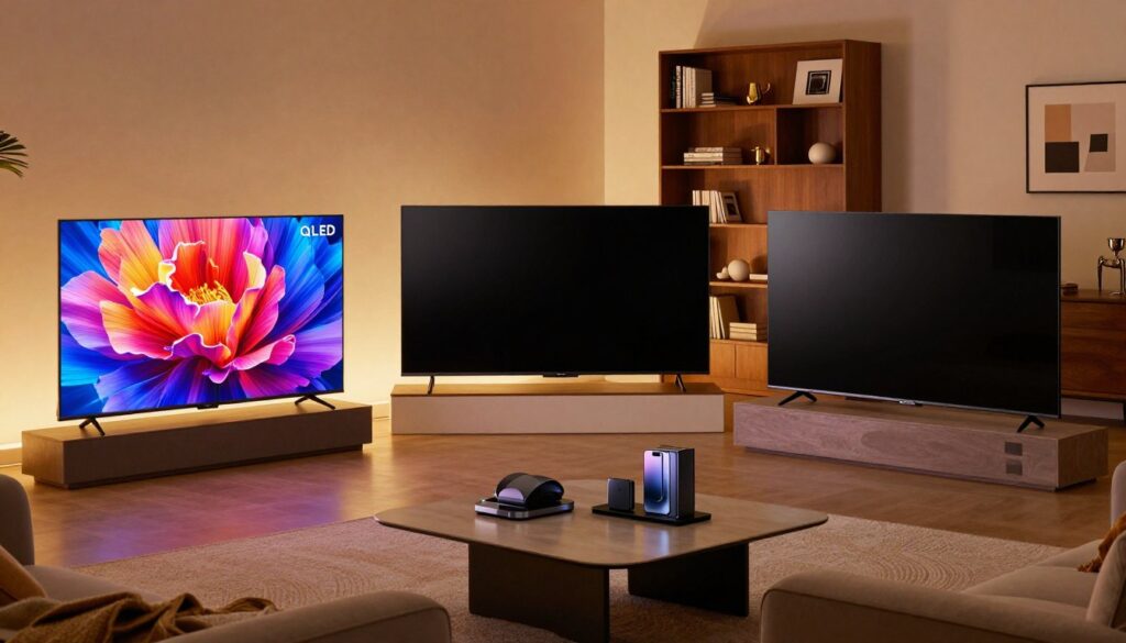 A modern living room featuring three distinct television models showcasing QLED, Mini LED, and regular LED screens. In the foreground, each television is displayed on stylish stands, with the QLED model exhibiting vibrant colors, the Mini LED showing remarkable contrast with deep blacks, and the standard LED demonstrating a standard resolution. Soft ambient lighting illuminates the room, creating a warm and inviting atmosphere. In the middle ground, a sleek coffee table with tech gadgets complements the setup, while the background features a contemporary bookshelf with art and decor items. The scene is viewed from a slightly elevated angle, highlighting the televisions' features and the cozy ambiance of the space. No text or logos, only a clear representation of the technologies discussed.