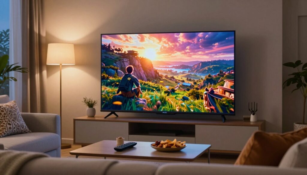 A modern living room setting with a large flat-screen TV displaying a vibrant, high-resolution image of a cinematic scene. In the foreground, a comfortable couch with decorative cushions invites viewers to sit down. On a coffee table, a remote control and some snacks suggest a cozy movie night atmosphere. The middle ground features the TV prominently, showcasing a vivid landscape or dynamic action scene, emphasizing clarity and color richness. Soft ambient lighting from floor lamps creates a warm and inviting mood, while a window in the background hints at an evening sky. The overall composition reflects the essence of high-quality visuals in films and series, emphasizing enjoyment on a grand scale. A modern living room setting with a large flat-screen TV displaying a vibrant, high-resolution image of a cinematic scene. In the foreground, a comfortable couch with decorative cushions invites viewers to sit down. On a coffee table, a remote control and some snacks suggest a cozy movie night atmosphere. The middle ground features the TV prominently, showcasing a vivid landscape or dynamic action scene, emphasizing clarity and color richness. Soft ambient lighting from floor lamps creates a warm and inviting mood, while a window in the background hints at an evening sky. The overall composition reflects the essence of high-quality visuals in films and series, emphasizing enjoyment on a grand scale.