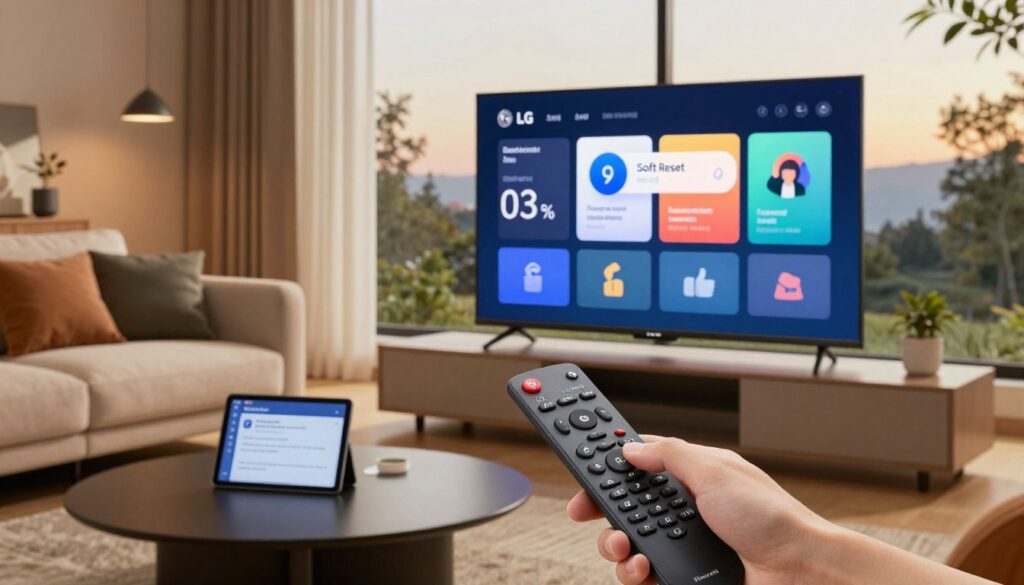 A modern living room setting with a sleek LG television prominently displayed, showcasing a vibrant, user-friendly interface. In the foreground, a hand gently touches the TV remote, poised to initiate a soft reset without data loss. The middle layer features a cozy sofa with plush cushions and a coffee table adorned with a tablet displaying troubleshooting tips. In the background, warm ambient lighting enhances the inviting atmosphere, with a large window revealing a serene outdoor view. The scene conveys a sense of calm and assurance, emphasizing the ease of the reset process. The composition is well-balanced, with a focus on the TV while maintaining an organized and tidy appearance, suitable for a tech-savvy audience. A modern living room setting with a sleek LG television prominently displayed, showcasing a vibrant, user-friendly interface. In the foreground, a hand gently touches the TV remote, poised to initiate a soft reset without data loss. The middle layer features a cozy sofa with plush cushions and a coffee table adorned with a tablet displaying troubleshooting tips. In the background, warm ambient lighting enhances the inviting atmosphere, with a large window revealing a serene outdoor view. The scene conveys a sense of calm and assurance, emphasizing the ease of the reset process. The composition is well-balanced, with a focus on the TV while maintaining an organized and tidy appearance, suitable for a tech-savvy audience.