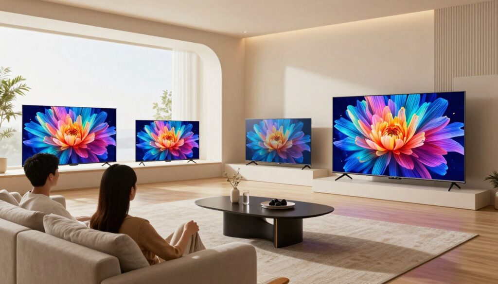 A modern living room showcasing various television sizes displayed on stands, emphasizing the concept of "screen size" for selecting a TV. In the foreground, a sleek, large flat-screen TV is turned on, displaying vibrant colors, surrounded by a couple of smaller TVs with different screen dimensions. The middle area features a stylish sofa and coffee table, with decorative elements that suggest a cozy atmosphere. In the background, a well-lit space with large windows, letting in natural light, enhances the inviting ambiance. The scene is captured with a wide-angle lens, ensuring all TVs are in focus, and the lighting is soft yet bright, creating a warm and friendly mood. The entire composition is balanced and aesthetically pleasing, ideal for illustrating choices in screen sizes. A modern living room showcasing various television sizes displayed on stands, emphasizing the concept of "screen size" for selecting a TV. In the foreground, a sleek, large flat-screen TV is turned on, displaying vibrant colors, surrounded by a couple of smaller TVs with different screen dimensions. The middle area features a stylish sofa and coffee table, with decorative elements that suggest a cozy atmosphere. In the background, a well-lit space with large windows, letting in natural light, enhances the inviting ambiance. The scene is captured with a wide-angle lens, ensuring all TVs are in focus, and the lighting is soft yet bright, creating a warm and friendly mood. The entire composition is balanced and aesthetically pleasing, ideal for illustrating choices in screen sizes.
