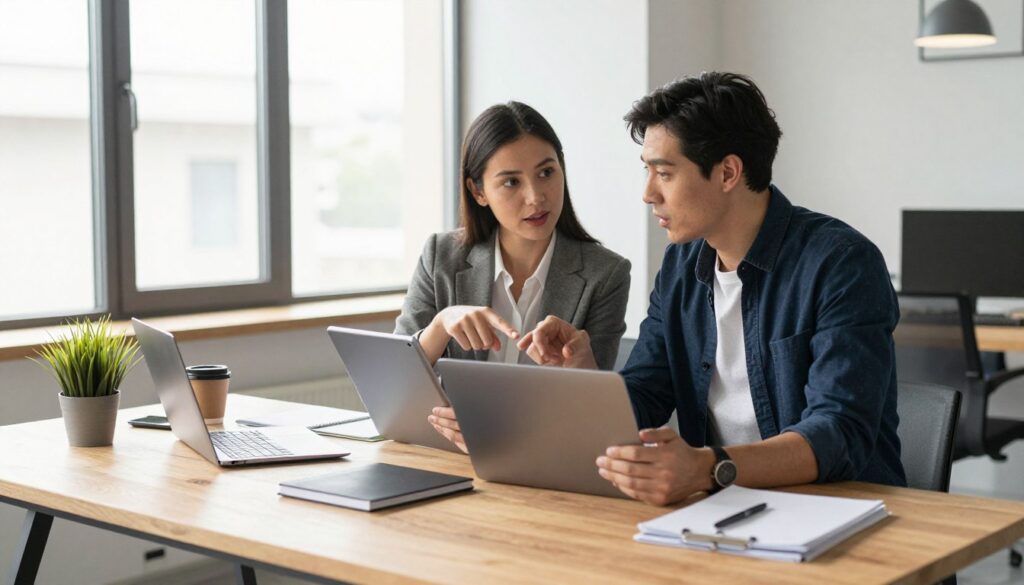 A modern office environment showcasing a woman and a man engaged in a discussion about choosing between a tablet and a laptop. In the foreground, the woman, dressed in professional business attire, is pointing toward a sleek tablet while the man, in smart casual clothing, holds a laptop, looking intrigued. In the middle ground, a stylish wooden desk is cluttered with tech gadgets, notebooks, and a coffee mug, exuding a creative atmosphere. The background features large windows with natural light streaming in, illuminating the space and creating a productive vibe. Soft shadows enhance depth, emphasizing the focus on the two professionals. The overall mood is collaborative and insightful, capturing the essence of making informed choices based on work style and budget.