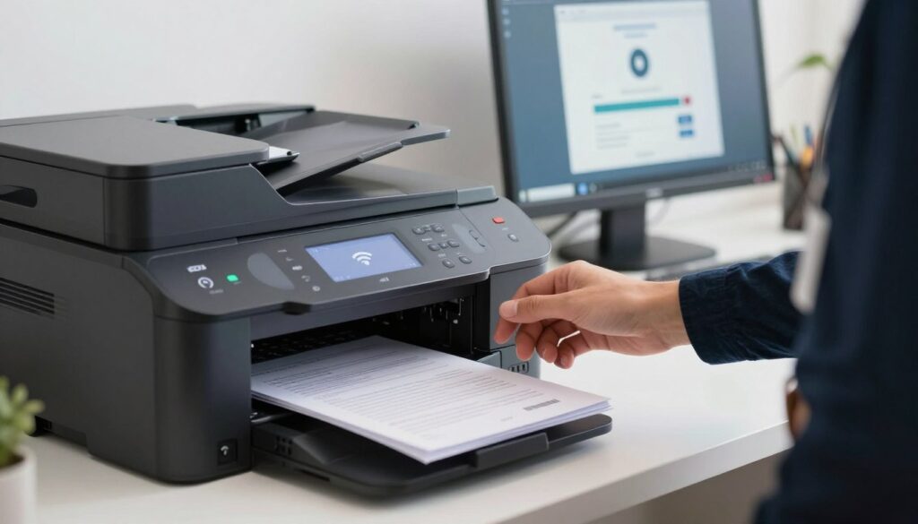 A modern office setting featuring a sleek all-in-one printer with a digital control panel displaying a Wi-Fi symbol. In the foreground, a professional individual, dressed in smart casual attire, is interacting with the printer, selecting scanning options. The middle ground showcases documents neatly placed on the printer's scanning bed, while a computer screen in the background illustrates the scanning interface, displaying an upload progress bar. The lighting is bright and inviting, with a soft focus on the printer and a subtle bokeh effect on the office environment. The atmosphere is one of efficiency and professionalism, highlighting the ease of scanning documents directly to a computer via Wi-Fi. A modern office setting featuring a sleek all-in-one printer with a digital control panel displaying a Wi-Fi symbol. In the foreground, a professional individual, dressed in smart casual attire, is interacting with the printer, selecting scanning options. The middle ground showcases documents neatly placed on the printer's scanning bed, while a computer screen in the background illustrates the scanning interface, displaying an upload progress bar. The lighting is bright and inviting, with a soft focus on the printer and a subtle bokeh effect on the office environment. The atmosphere is one of efficiency and professionalism, highlighting the ease of scanning documents directly to a computer via Wi-Fi.
