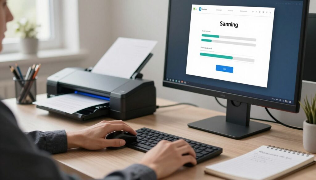 A modern office workspace features a sleek computer monitor showcasing a scanning application installation window, with visible progress bars and installation prompts. In the foreground, a pair of hands, dressed in smart business attire, are navigating the software with an ergonomic mouse. The midground includes a flatbed scanner, emitting a gentle blue light, symbolizing its readiness for document scanning. The background highlights a tidy desk with neatly arranged stationery and a notepad filled with handwritten notes, emphasizing organization and productivity. Soft, natural lighting filters through a window, creating a warm and inviting atmosphere, perfect for focusing on the task at hand, while a bokeh effect subtly softens the background details. A modern office workspace features a sleek computer monitor showcasing a scanning application installation window, with visible progress bars and installation prompts. In the foreground, a pair of hands, dressed in smart business attire, are navigating the software with an ergonomic mouse. The midground includes a flatbed scanner, emitting a gentle blue light, symbolizing its readiness for document scanning. The background highlights a tidy desk with neatly arranged stationery and a notepad filled with handwritten notes, emphasizing organization and productivity. Soft, natural lighting filters through a window, creating a warm and inviting atmosphere, perfect for focusing on the task at hand, while a bokeh effect subtly softens the background details.